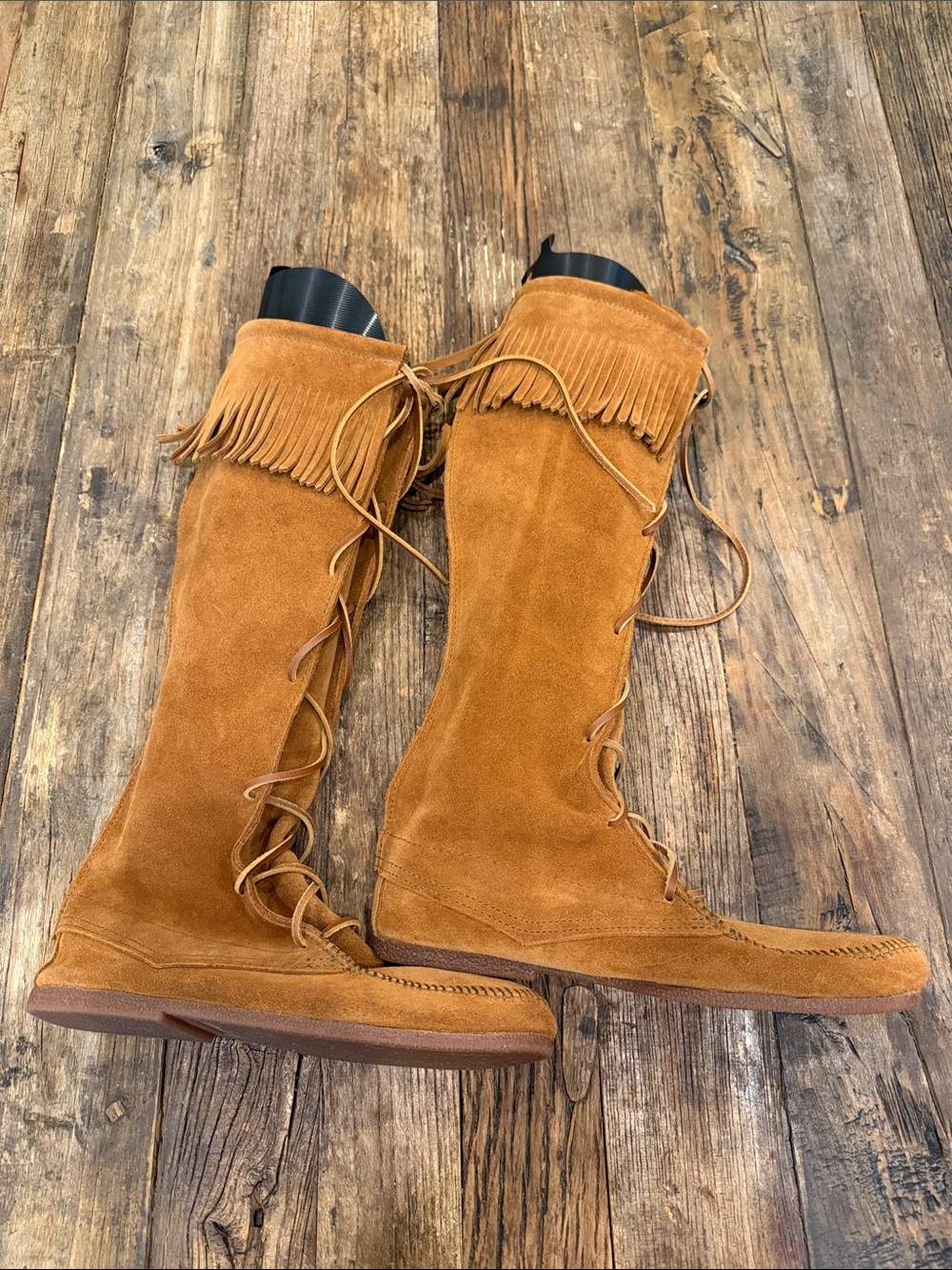 Minnetonka Tall Fringe Lace-Up Suede Boots - Chestnut - Picture 2 of 7